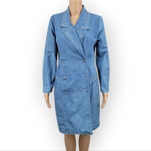 Studio Ease Studded Denim Rhinestone Double Breasted Trench Dress Blue Jean